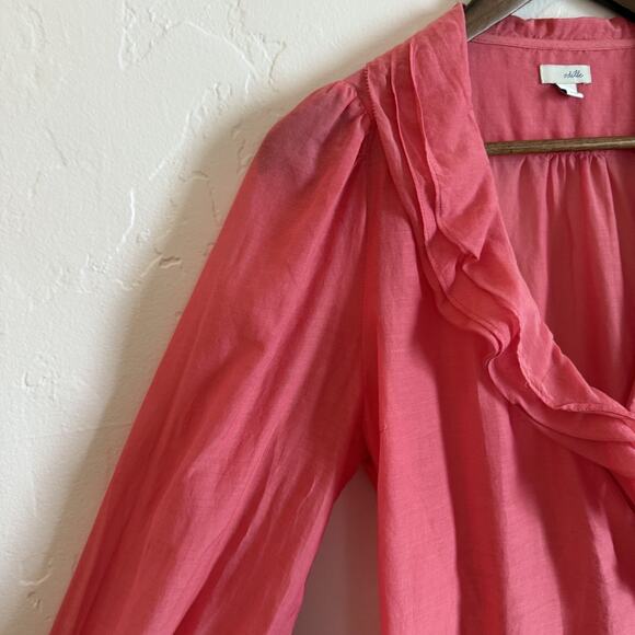 Anthropologie Odille Size 2 Blouse - Pink Wrap Sheer Tie Ruffles Long Sheer - Picture 3 of 12